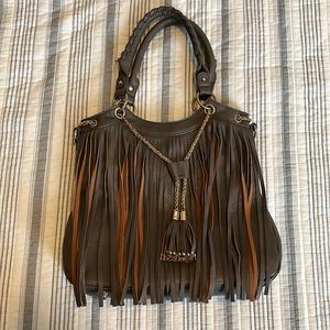 Gray Faux Leather Fringe Purse with Gold Details